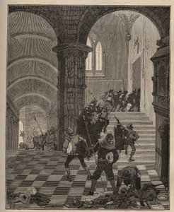 Töpferei: Zerstörung der „Henri II“-Fabrik während der Plünderung des Schlosses von Oiron (Deux Sevres) im Jahr 1568 während der Liga. Gravur von 1885 in „Les arts et metiers illustres“ von Adolphe BITARD