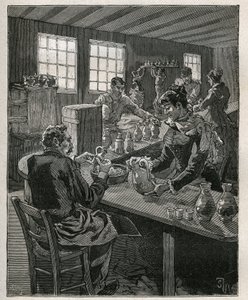 Töpferei: Töpferei füllen. Gravur von 1885 in „Les arts et métiers illustrés“ von Adolphe Bitard.