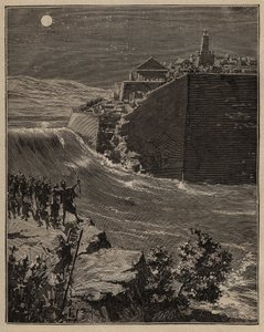 Töpferei: Rohziegel im antiken Griechenland. Die Armee von Pausanias (5. Jahrhundert v. Chr.) lenkt den Lauf eines Flusses um, um die Mauern aus Rohziegeln zu zerstören, die die Stadt Mantineia schützen. Gravur von 1885 in „Les arts et métiers illustrés“ v