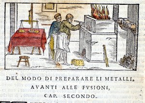 Vorbereitung von Metall zum Schmelzen - in „Pirotechnia“ von Biringuccio