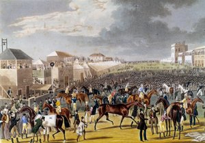 Vorbereitungen für ein Epsom-Rennen (Epsom Oaks: Englisches Pferderennen). Gravur von Unknown artist