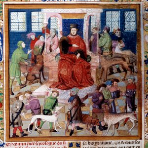 Vorstellung der Hunde an den Grafen von Foix. Miniatur aus „Das Buch der Jagd“ von Gaston III Phoebus, Graf von Foix, Herr von Béarn (1331-1391)