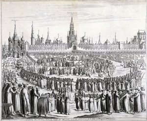 Prozession der Osterblumen vor dem Heiligen Erlösertor und dem Kreml in Moskau. Gravur aus dem 19. Jahrhundert von Unknown artist