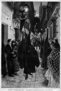 Prozession der Bruderschaft von San Lorenzo (St. Lorenz) in Sevilla (Spanien) am Karfreitag. Gravur in Le Monde Illustré 1883. Private Sammlung