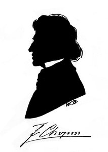 Profilsilhouette des polnischen Komponisten Frederic Chopin (1810-1849) mit Autogramm. 19. Jahrhundert