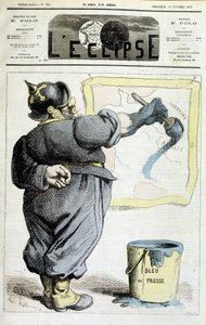 Preußischer Soldat zeichnet die Grenzen von Elsass-Lothringen nach dem Blau von Preußen (Bezug auf die Annexion der Region durch den Krieg von 1870) - in „L