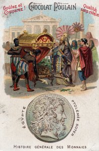 Ptolemaios I. (360-283 v. Chr.) Soter (Retter) ließ Alexander den Großen begraben. In Allgemeine Geschichte der Münzen. Schokoladen-Fohlen-Chromolithographie aus dem späten 19. Jahrhundert. Private Sammlung. von Unknown artist