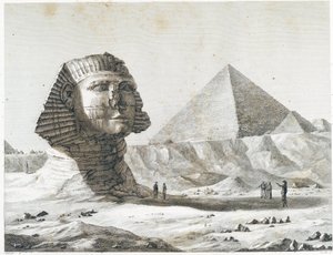 Pyramiden von Gizeh: Blick auf die Sphinx und die Große Pyramide, von Südosten aufgenommen - in „Beschreibung von Ägypten“, Kaiserliche Ausgaben von Unknown artist