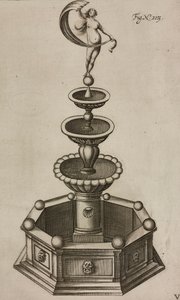 Pyrotechnischer Brunnen, der ein Feuerwerkssystem verbirgt, Gravur aus Grand Art d