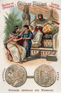 Pyrrhus I. (oder Pyrrhos) König von Epirus von 306 bis 272 v. Chr. In der Allgemeinen Münzgeschichte. Schokoladen-Fohlen-Chromolithographie des späten 19. Jahrhunderts. Private Sammlung