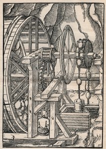 Lumpen- und Kettenpumpe zum Entwässern einer Mine, betrieben von Männern im Tretmühlenbetrieb. Aus Agricola (Georg Bauer) De re metallica, Basel