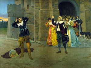 Raimondo kündigt Edgar den Tod von Lucia in der letzten Szene des dritten Akts der Oper „Lucia di Lammermoor“ von Gaetano Donizetti an von Unknown artist