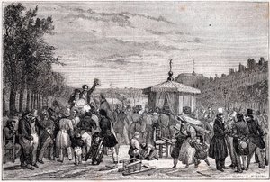 Verlesung der Urteile, die in der Zeitung Moniteur in den Gärten des Königspalastes in Paris am 26. Juli 1830 während des Bürgerkriegs veröffentlicht wurden - Revolution 1830 - Verlesung der Vorschriften im Moniteur, im Garten des Palais-Royal, am 26. Juli von Unknown