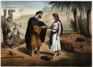 Rebecca und Eliezer am Brunnen: Eliezer von Damaskus, beauftragt, eine Frau für Isaak in Mesopotamien zu finden, bringt Rebecca zurück. Anonyme Gravur des 19. Jahrhunderts.