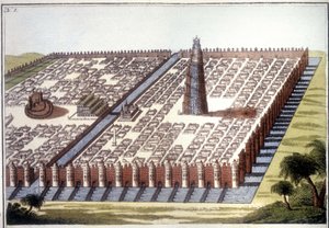 Rekonstruierte Ansicht der antiken Stadt Babylon mit der Umfriedung, den hängenden Gärten und dem Zikkurat