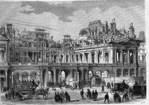 Wiederaufbauarbeiten des Königspalastes (Palais-Royal) in Paris. Gravur in „L