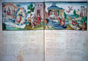 Religiöses Theater: „Passion und Auferstehung“ gespielt in Valenciennes im Jahr 1547. Manuskriptseite mit Aquarell, Paris, B.N.