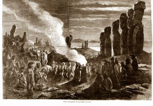 Religiöse Zeremonie auf der Osterinsel (Rapa Nui), Polynesien. Gravur des 19. Jahrhunderts