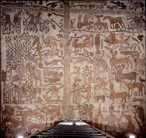 Darstellung von Alexander dem Großen (356-323 v. Chr.), König von Makedonien und Eroberer von Persien, umgeben von indischer Fauna während der Eroberung Indiens und der hellenistischen Flut rechts, links der Bau des Turms von Babel