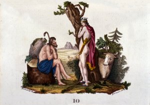 Darstellung von Argus und Io, von Merkur in eine Kuh verwandelt. Platte aus „Wörterbuch der Mythologie“ 1888