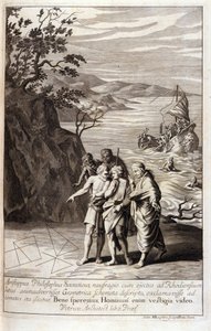 Darstellung von Aristippos von Kyrene (435-356 v. Chr.), griechischer Philosoph und Schüler von Sokrates, nach dem Schiffbruch, der ihn an die Küste von Rhodos warf, entdeckt er geometrische Spuren im Sand. Gravur aus Buch XV von Euklids „Elemente“. 1591 von Unknown artist