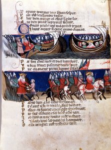 Darstellung von Karl dem Großen (742-814) während seiner Eroberungen: Er segelt oben auf einem Schiff und unten führt er seine Armeen. Miniatur aus dem französisch-italienischen Manuskript „Entrée d
