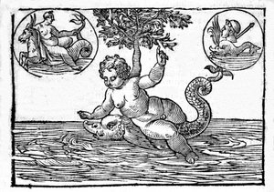 Darstellung von Ino, Gott des Meeres, und seinem Sohn Palemon. Gravur aus „Mythologiae sive explicationes fabularum“ von Natalis Comitis. 1637.