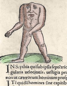 Darstellung eines Mitglieds des Blemmyi-Stammes in Nubien, beschrieben ohne Kopf, ohne Hals und Gesicht auf dem Rumpf von Plinius dem Älteren. Gravur aus „Prodigiorum ac ostentorum chronicon“ von Conrad Lycosthenes (1518-1561). 1557 von Unknown artist