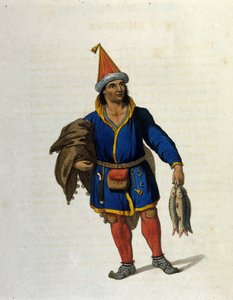 Darstellung eines indigenen Sami (lebend in den Gebieten von Norwegen, Schweden, Russland, Finnland) nach dem Fischfang. Gravur aus dem 19. Jahrhundert