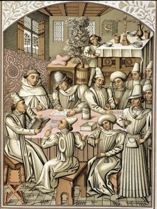 Darstellung von Beamten im 14. Jahrhundert. Chromolithographie aus dem Rechnungsbuch der Bruderschaft „Dio e Nostra Signora“