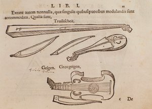 Darstellung von Streichinstrumenten und Bogenschützen. Seite aus Musurgia, praktische Anleitung zur Musik von Unknown artist
