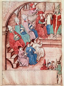 Darstellung des Konzils von Konstanz zwischen 1414 und 1418, oben Papst Martin V. Miniatur aus den Chroniken des Konzils von Konstanz von Ulrich Richental (1360-1437) um 1438 von Unknown artist