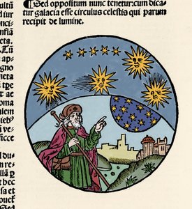 Darstellung des griechischen Philosophen Aristoteles (384-322 v. Chr.), der auf die Sterne zeigt. Gravur aus „Textus abbreviatus Aristotelis super octo liris Phisicorum & tota naturalis philosophia“ von Thomas Bricot (gest. 1516). 1496