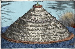 Darstellung des Fegefeuers nach der Göttlichen Komödie von Dante Alighieri (1265-1321): das irdische Paradies ist oben. Anonyme Gravur des 17. Jahrhunderts