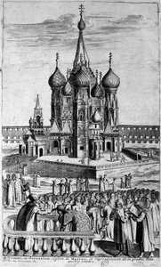 Darstellung der Dreifaltigkeitskirche in Moskau in einer Gravur aus dem 17. Jahrhundert