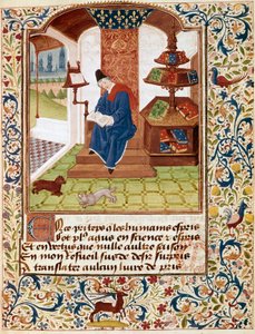 Darstellung des Autors, der in seinem Büro schreibt Miniatur aus „Blumen aller Tugenden“ oder „Rosenkranz der Tugenden“ (Ms 291)
