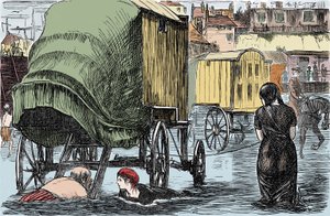 Darstellung der Badehütte, erfunden 1750 von Benjamine Beale: Frauen gelangen direkt vom pferdegezogenen Wagen ins Meer. Humoristische Zeichnung aus „Punch Magazine“ 1870 von Unknown artist
