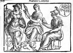Darstellung der Göttin Athena. Gravur aus „Mythologiae sive explicationes fabularum“ von Natalis Comitis. 1637.