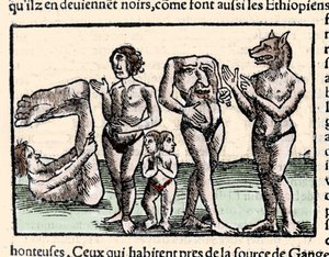Darstellung der von Amerigo Vespucci (1451-1512) beschriebenen Monster: von links nach rechts: ein Manopod, ein Zyklop, ein Mann mit zwei Köpfen, ein Mann ohne Kopf und ein Mann mit einem Hundekopf oder Kynokephalus. Xylografie aus Sebastien Munsters „Univ
