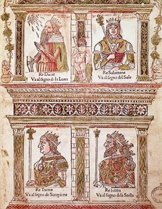 Darstellung der Seite der Könige: König David, König Salomo, König Turno und König Lubba (Seite der Könige) aus dem „Libro delle released“ von Lorenzo Spirito Gualtieri