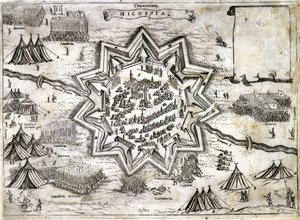Darstellung der Belagerung von Nikosia auf der Insel Zypern im Jahr 1191 während des 3. Kreuzzugs durch Richard Löwenherz. 16. Jahrhundert.
