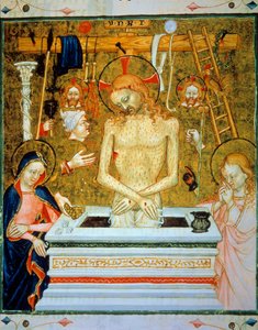 Auferstehung Christi: Christus kommt aus dem Grab zwischen der Jungfrau und dem heiligen Johannes mit den Leidenswerkzeugen (Leiter, Seile, Stirnband, Hahn, Mond, Peitsche, Laterne, Dornenkrone, Spiel, Säule, Tunika, Sonne, Hand, Nagel). Miniatur aus einem