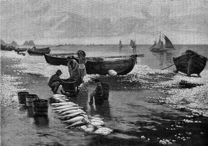 Rückkehr der Fischer am Strand von Belle Isle (Belle-Isle) in der Bretagne. Gravur in „Le Journal de la jeunesse“ von Unknown artist