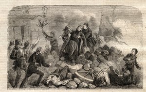 Revolution 1848: „Der Erzbischof Monsignore Denis Affre auf der Barrikade Faubourg Saint Antoine in Paris am 26.06.1848 (Do o mon dieu que mon sang soit le dernier verse) (Tod von Denis Affre, Erzbischof von Paris auf der Barrikade am Eingang zu t