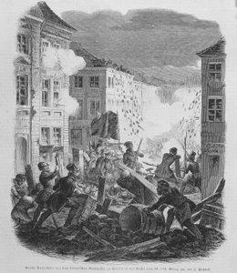 Revolution im März 1848: Barrikade in Berlin am 19.03.1848. Friedrich Wilhelm IV. von Preußen wird gezwungen, die Wiedervereinigung und eine liberale Regierung zu akzeptieren. von Unknown artist