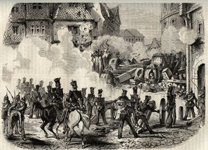Revolutionen 1848-1849, Deutschland, Frankfurt - Truppen stürmen eine Barrikade in Frankfurt, Deutschland, am 18. September