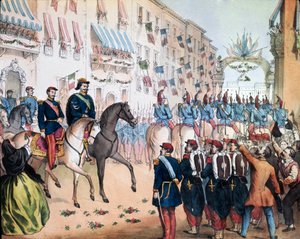 Risorgimento: „Der Einzug von Viktor Emanuel II., König von Italien, und Napoleon III., Kaiser von Frankreich, in Mailand am 08.06.1859“ von Unknown artist
