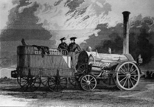 Robert Stephensons Lokomotive für die Eisenbahn von Liverpool nach Manchester im Jahr 1831 - Gravur von Unknown artist