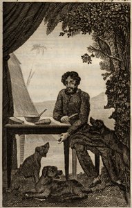 Robinson Crusoes Hunde warten darauf, dass er ihnen einige Stücke zu essen wirft, Gravur eingefügt in Daniel Defoes „Die Abenteuer von Robinson Crusoe“ (1660-1731), Ausgabe der Bildungsbuchhandlung, Paris 1838. Selva-Sammlung