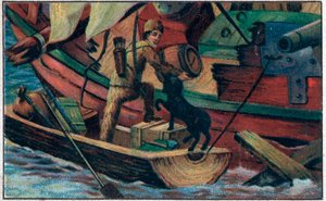 Robinson besucht die Trümmer. Illustration für das Buch von Daniel Defoe „Robinson Crusoe“. Chromolithographie des späten 19. Jahrhunderts. von Unknown artist